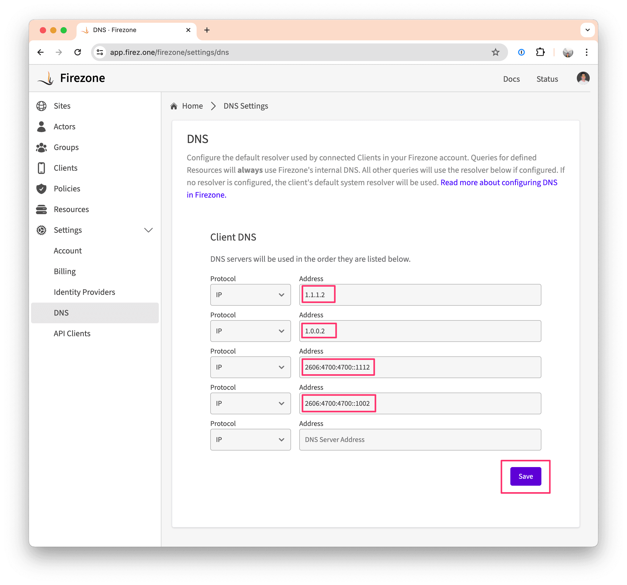 Add the resolver in Firezone